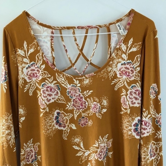 Mudd floral dress cut out back, long sleeve midi tunic dress. Mustard yellow M - Picture 6 of 7